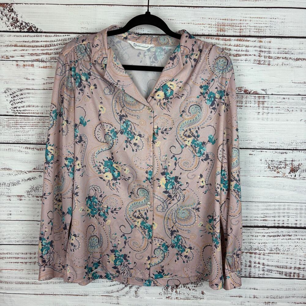 Women's VTG 70s Queen Casuals Purple Paisley Polyester Button Up Blouse Sz L